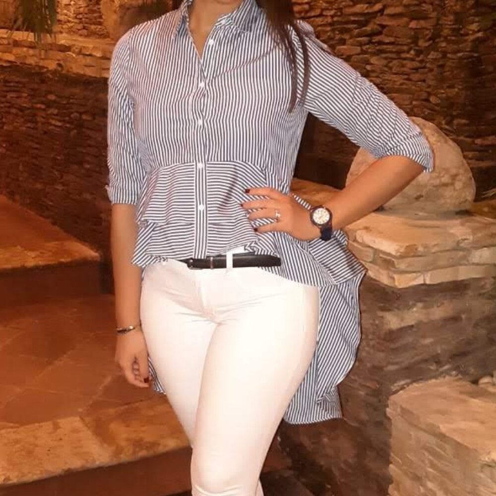 Zara Blue Striped Peplum button down (Blue/White) (Size S)